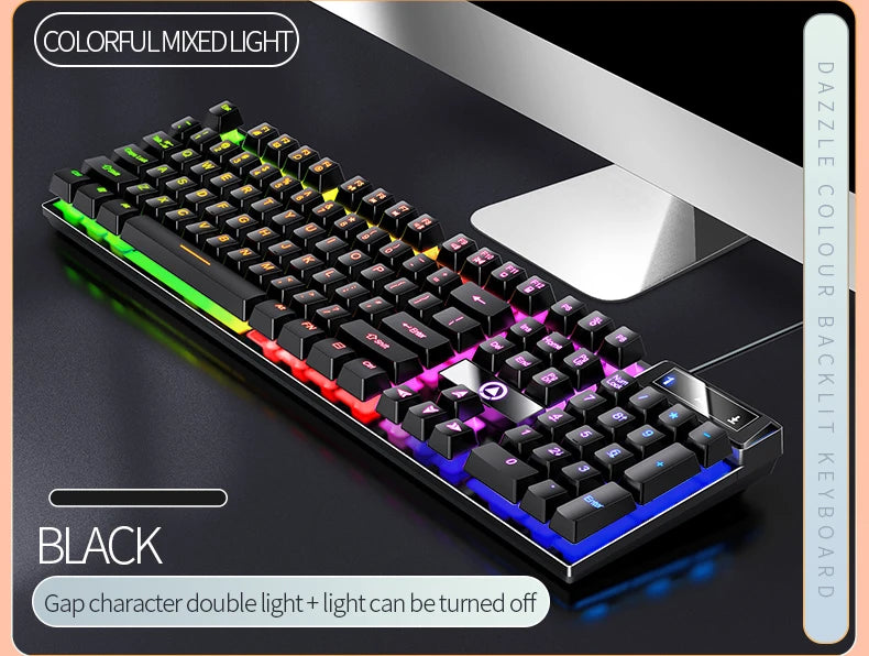 A black mechanical keyboard with colorful mixed light features gap character double light and can be turned off.