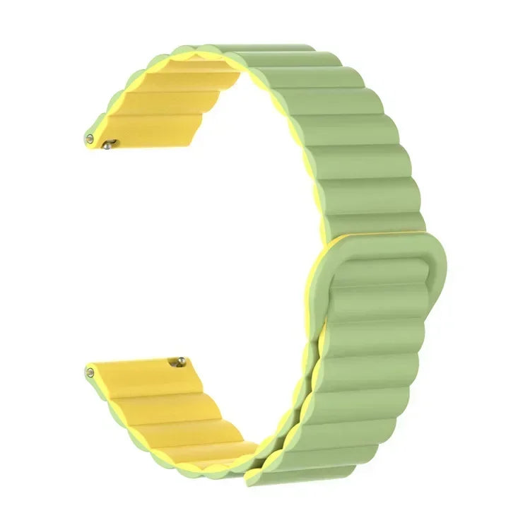A light green adjustable magnetic loop watch band shown in a curved shape.