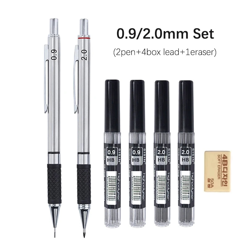 A set of 0.9/2.0mm metal mechanical pencils with HB lead cores and an eraser.