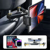 A black telescopic mount is attached to a car headrest, holding a smartphone or tablet.