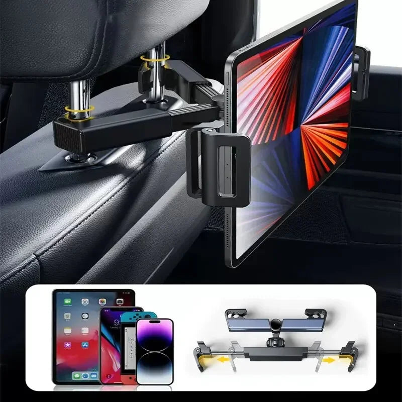 A black telescopic mount is attached to a car headrest, holding a smartphone or tablet.