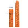 Orange perforated silicone watch strap with a silver quick release buckle.