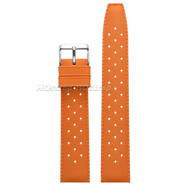 Orange perforated silicone watch strap with a silver quick release buckle.