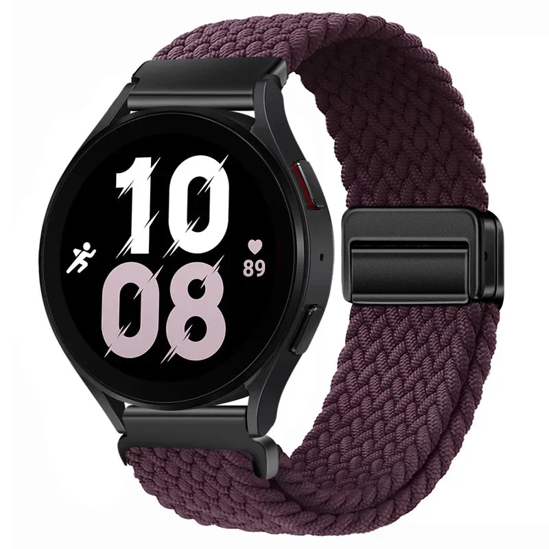 Schwarze Smartwatch mit lila gewebtem Armband, die Zeit 10:08 anzeigt.