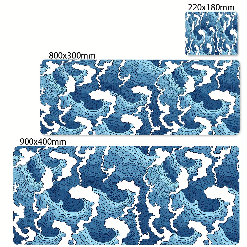 Blue and white wave pattern mouse pad featuring stylized ocean waves.