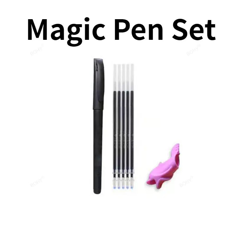 A set of black pens and a pink practice handwriting workbook for kids.
