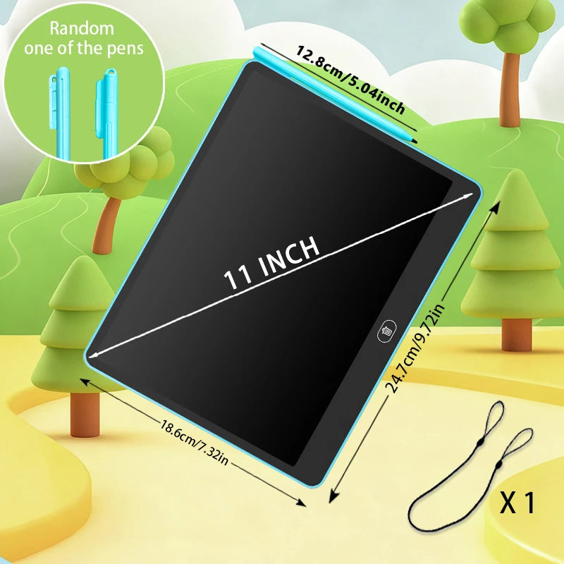 A black 11 inch interactive LCD writing tablet is shown with various pens and a charging cable in an outdoor setting.