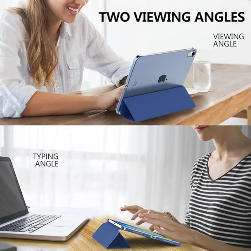 Two viewing angles of a blue protective case for an iPad, shown in use with a laptop and tablet.