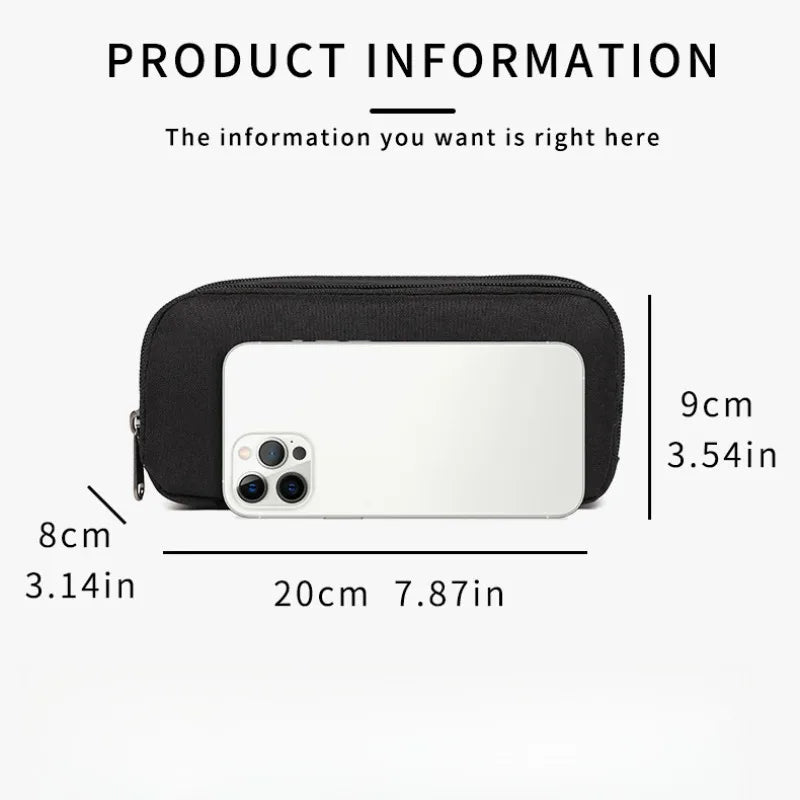 A black aesthetic pencil pouch with a white rectangular insert, shown with dimensions.