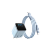 A white charging cable connects a smart display charger to a phone.