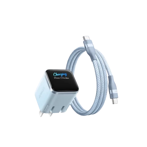 A white charging cable connects a smart display charger to a phone.