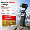 Eine schwarze Actionkamera ruht auf einem Felsen, mit einer roten Box, die eine Speicherkapazität von 512 GB anzeigt.