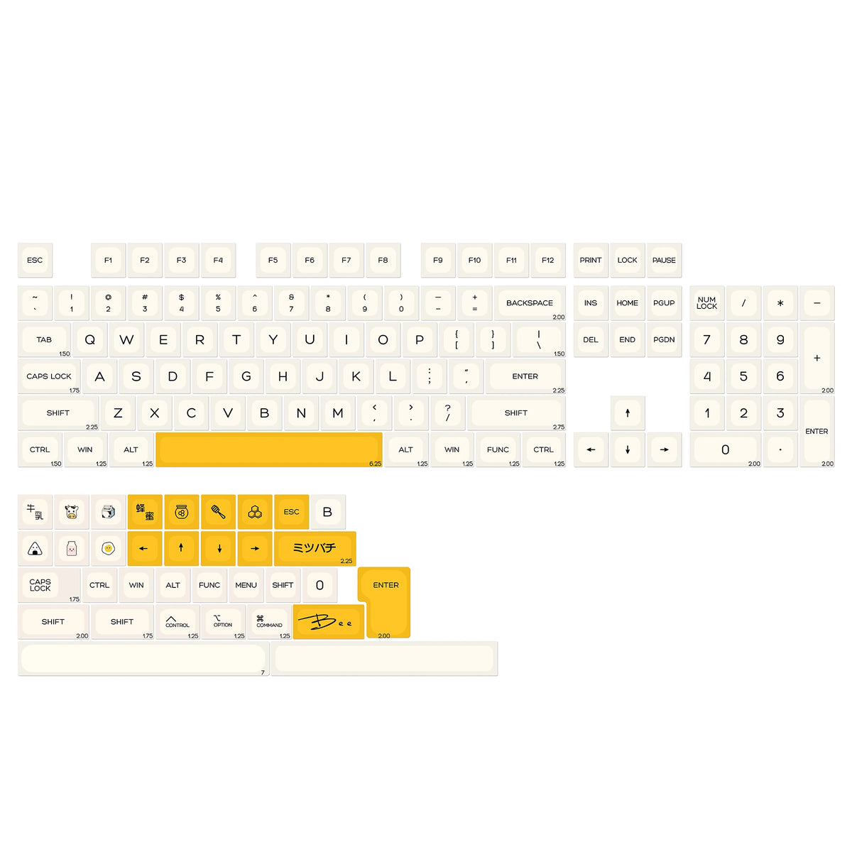 A close-up view of a white PBT keycap set with various function keys and modifiers, including an ESC key.