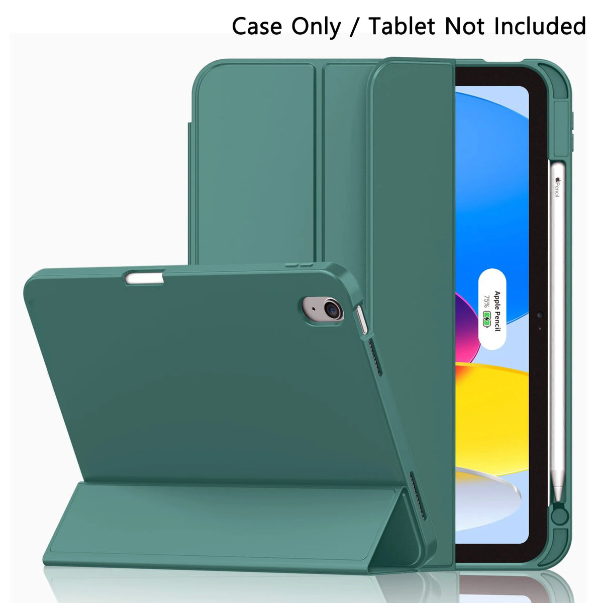 A green protective case for an iPad is shown next to the tablet, with the screen displaying an iOS interface.