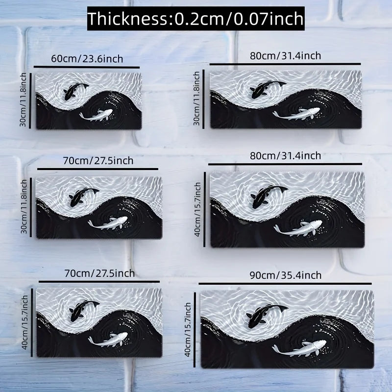 A collection of black mouse pads featuring a white koi pattern on a wavy background, shown in various sizes.