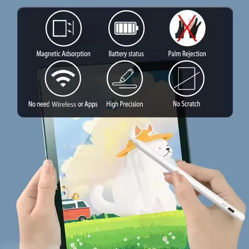 Une main tient un stylet capacitif blanc sur un écran de tablette affichant un dessin numérique.