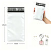 A white self-adhesive courier mailer bag is shown next to a hand holding it, with perfume bottles nearby.