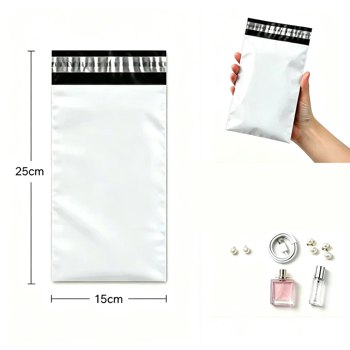 A white self-adhesive courier mailer bag is shown next to a hand holding it, with perfume bottles nearby.