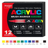 A set of 12 acrylic brush markers in various colors including yellow, orange, red, and black.