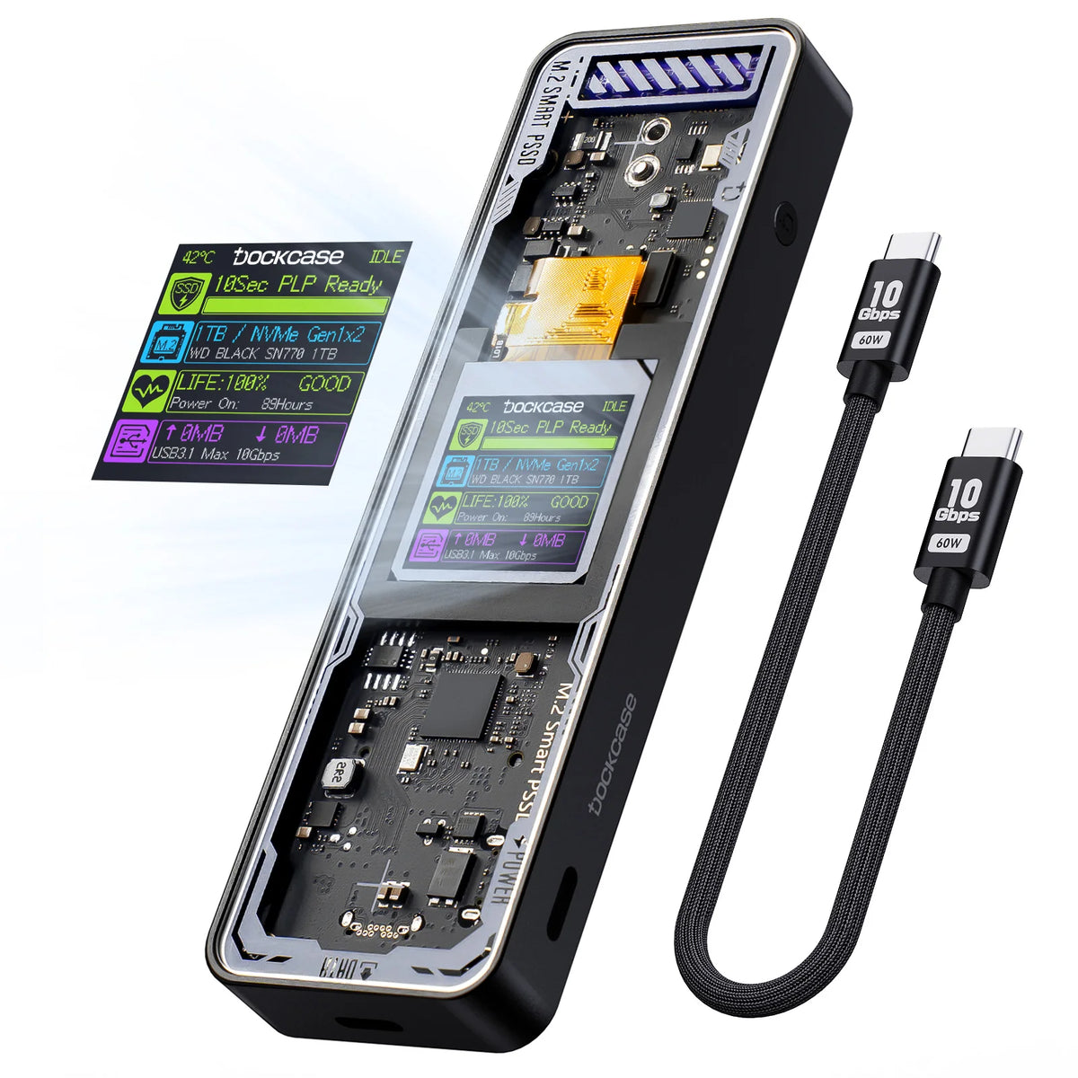 A black high-speed NVMe SSD enclosure with an LCD display and a USB-C cable is shown.