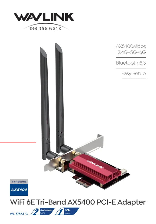 Wi-Fi 6E Tri-Band AX5400 PCIe E Adapter mit Antennen und Bluetooth-Konnektivität