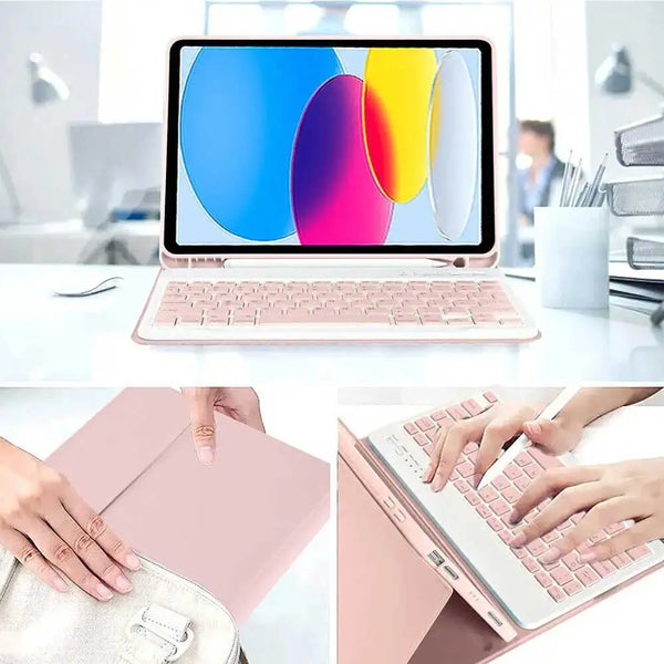 A pink universal protective case is shown with a white iPad keyboard inside.