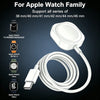 A white magnetic USB to Type-C charging cable shown with various Apple Watch models and a watch in the background.
