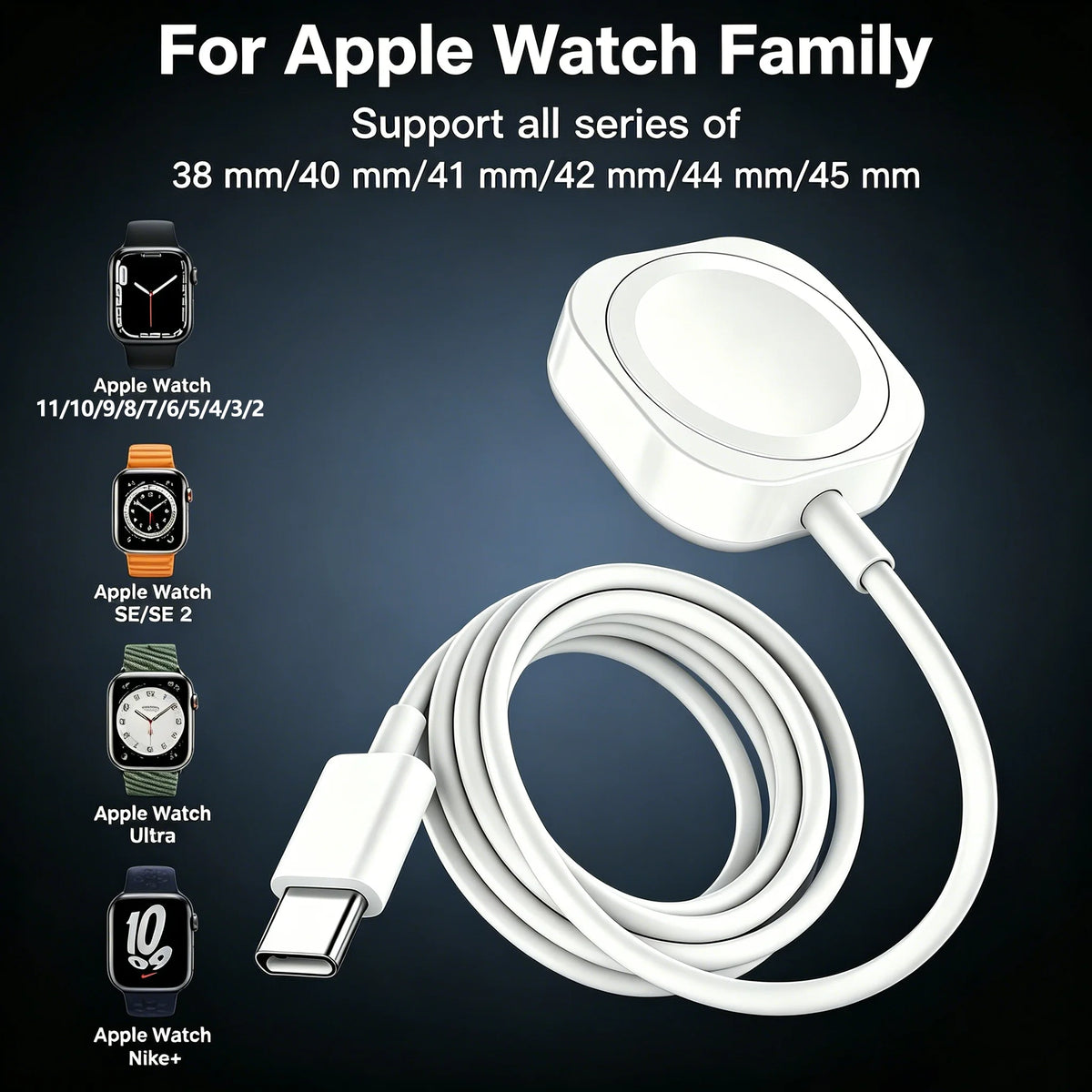 A white magnetic USB to Type-C charging cable shown with various Apple Watch models and a watch in the background.