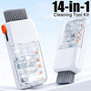 A white 14-in-1 cleaning tool kit featuring various electronic and manual cleaning brushes.