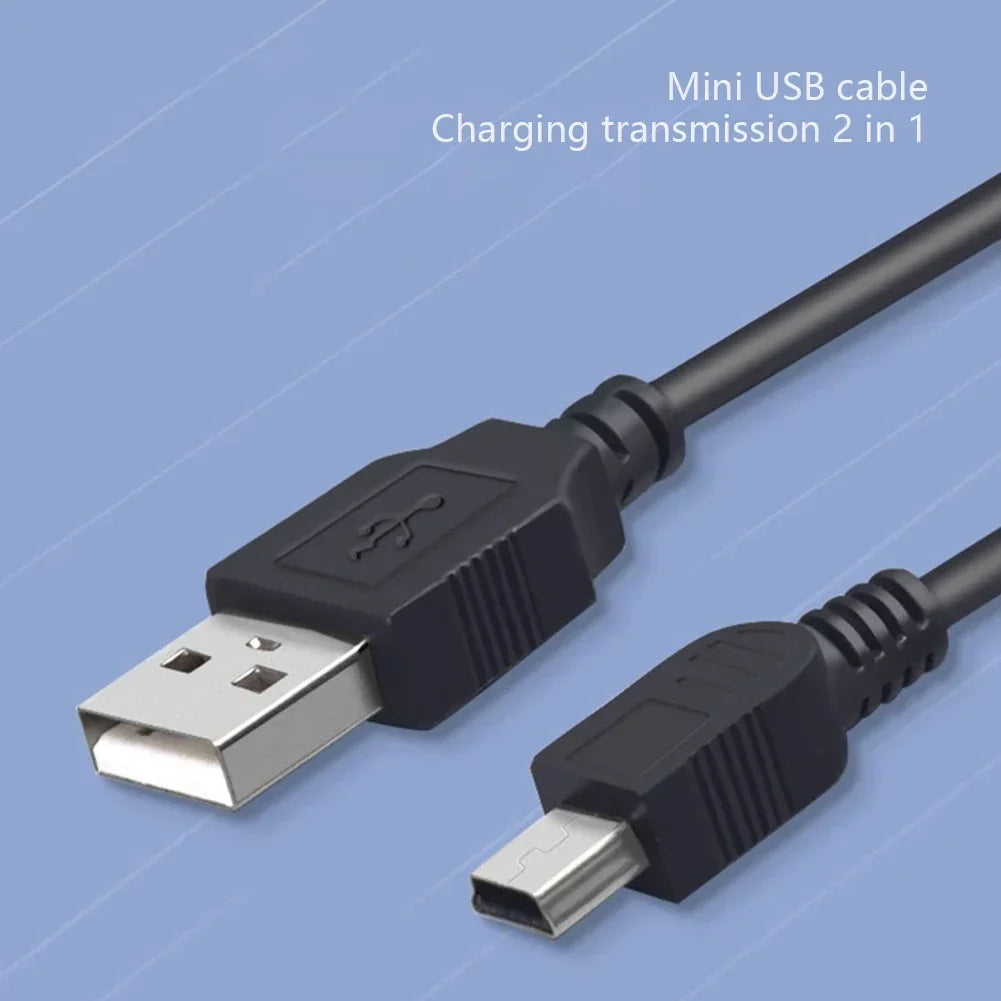 A black Mini USB cable used for charging and data transmission, shown in a close-up view.