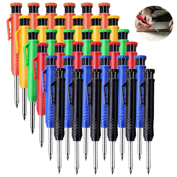 A set of precision mechanical drawing pencils in various colors including orange, green, red, blue, and black.