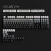 Primer plano de un teclado con teclas PBT de doble inyección Cian Gradiente con impresión lateral y brillo a través.