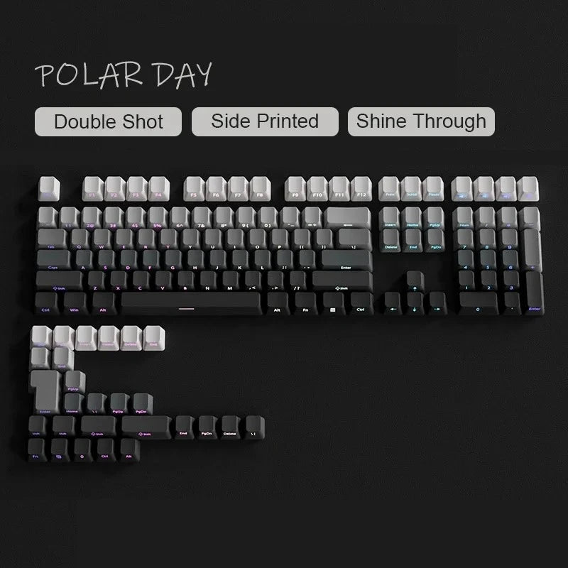Primer plano de un teclado con teclas PBT de doble inyección Cian Gradiente con impresión lateral y brillo a través.