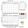 A set of monthly, weekly, and daily planners with corresponding pens and a board eraser for organization.