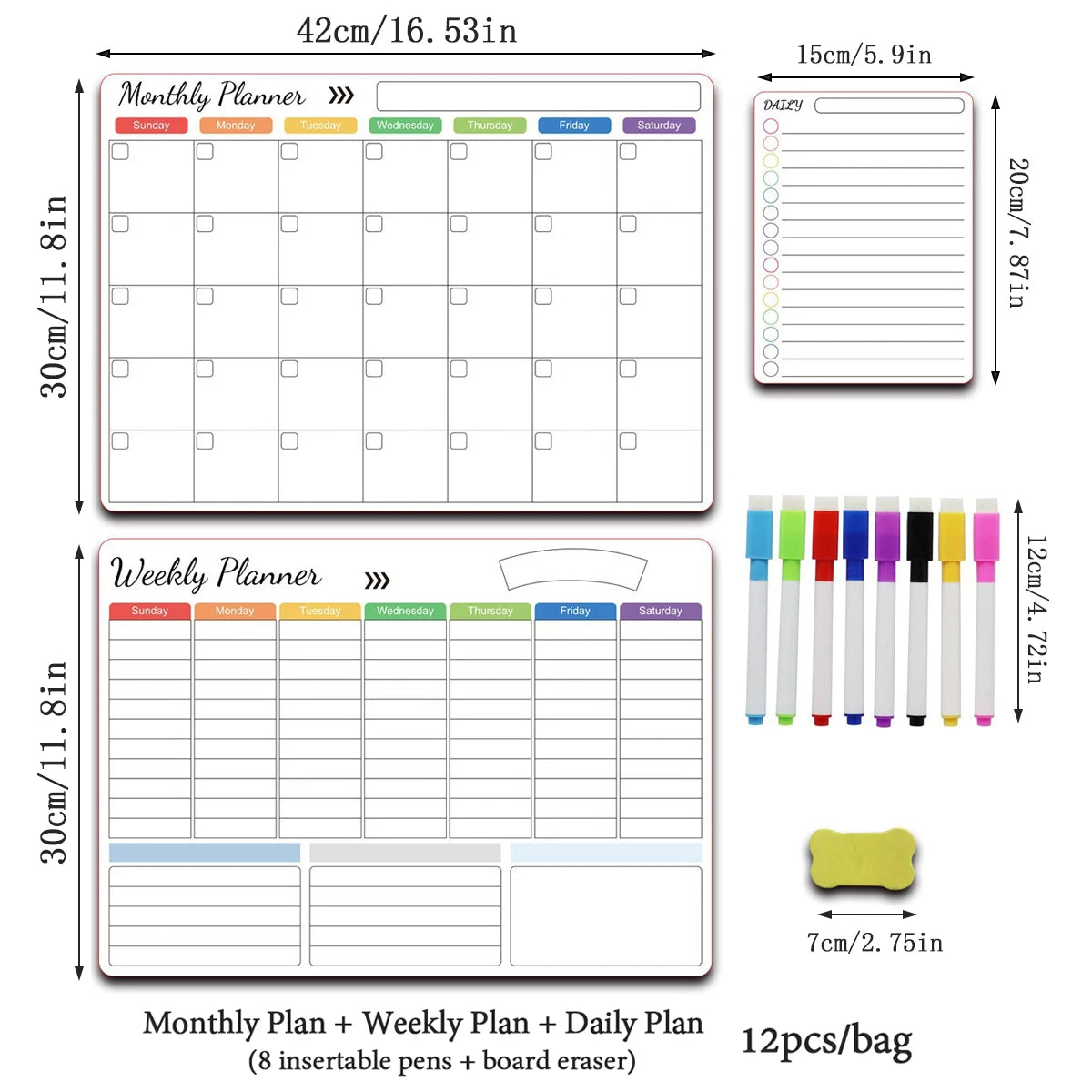 A set of monthly, weekly, and daily planners with corresponding pens and a board eraser for organization.