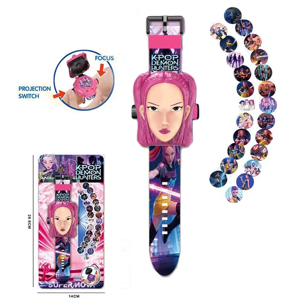 A pink K-Pop Demon Hunters projection watch with a female face design and various accessories.