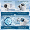 A white portable clip-on fan with an LED display is shown in various features including a silicone clip and a cooling module.