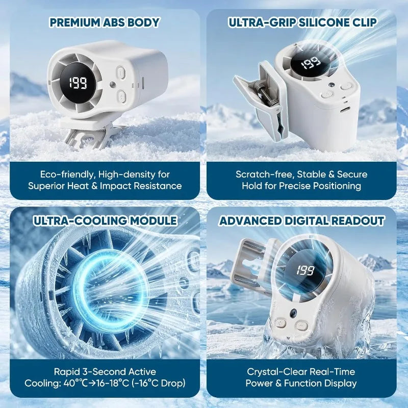 A white portable clip-on fan with an LED display is shown in various features including a silicone clip and a cooling module.