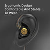 A black earphone is shown with an ergonomic design and a gold accent, emphasizing comfort and stability to wear.