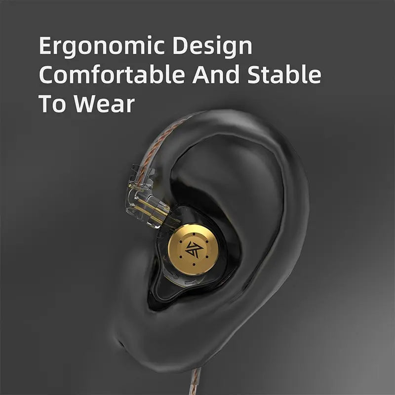 A black earphone is shown with an ergonomic design and a gold accent, emphasizing comfort and stability to wear.