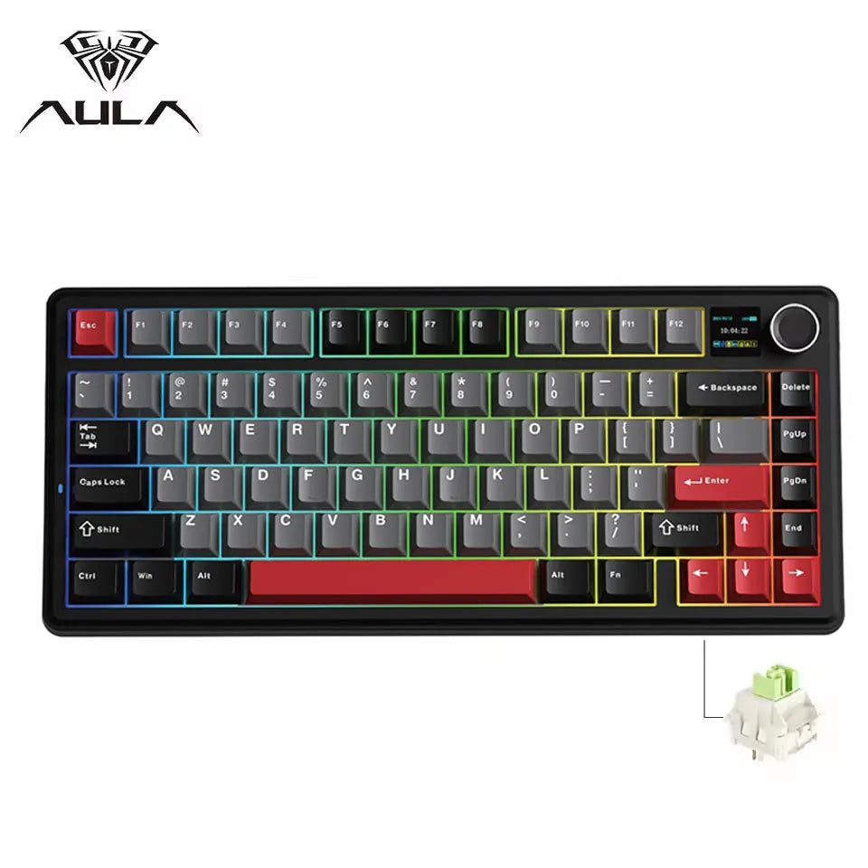 A black mechanical keyboard featuring a full layout and a separate TFT display screen.