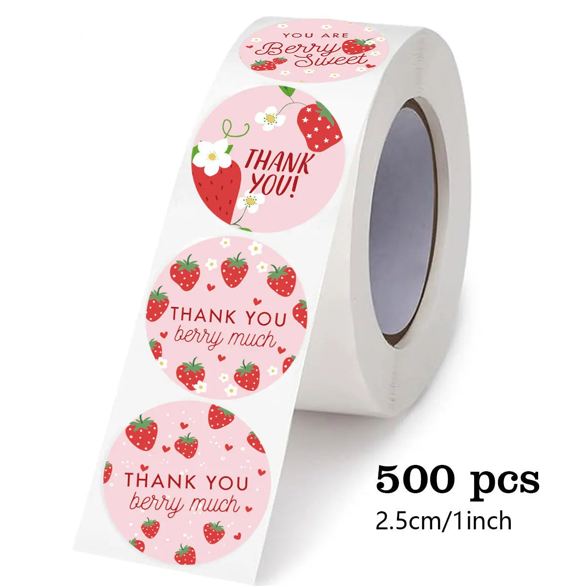 Roll of pink and red strawberry thank you adhesive stickers for thank you notes