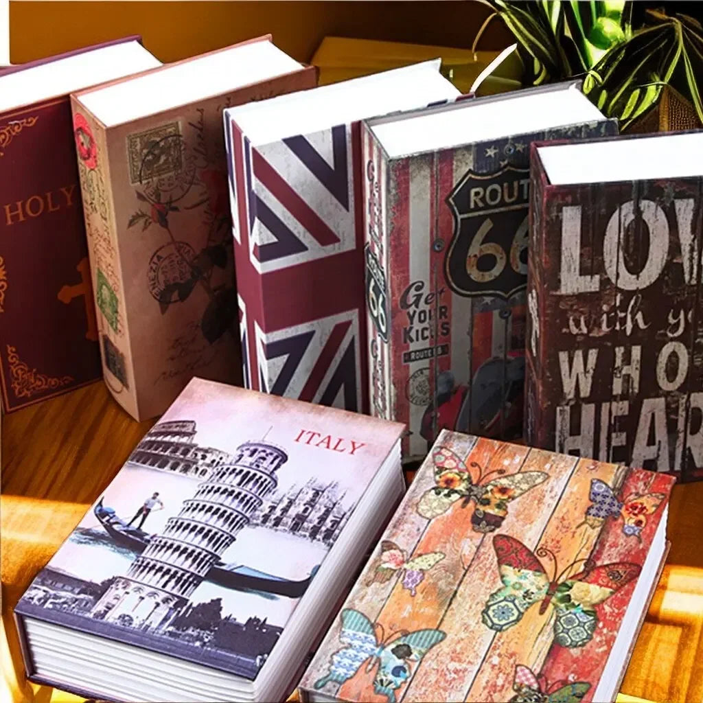 A collection of hardcover books, including a mini dictionary safe for keys and valuables.
