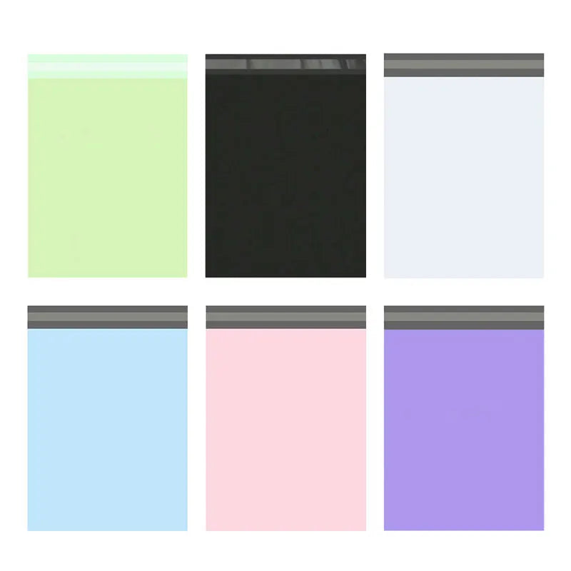 A set of five self-sealing mail bags in various pastel and dark colors.