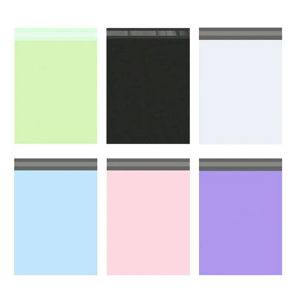 A set of five self-sealing mail bags in various pastel and dark colors.