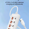 A white 25W power outlet adapter featuring four ports for Type-C, USB, and PD charging.