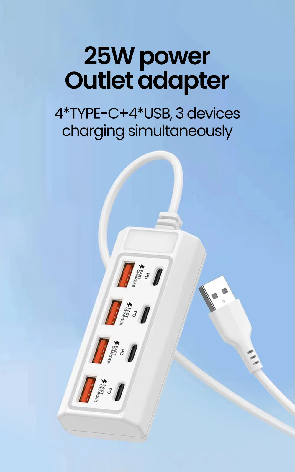 A white 25W power outlet adapter featuring four ports for Type-C, USB, and PD charging.