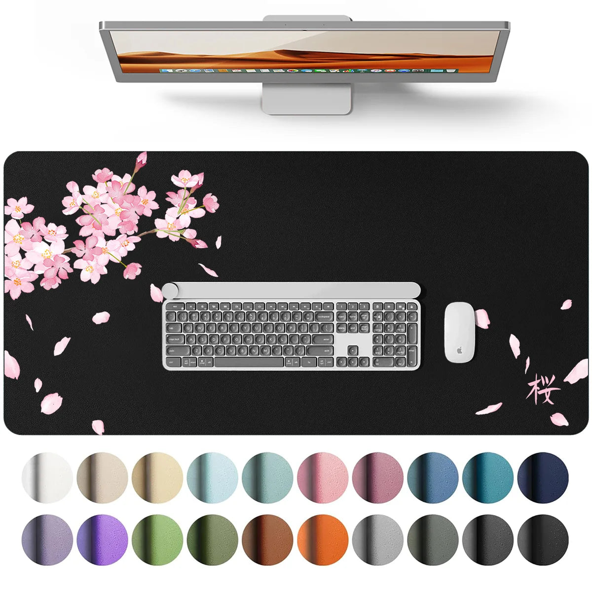 A large gray PU leather desk mat featuring a laptop and keyboard, surrounded by various colored circular accents.