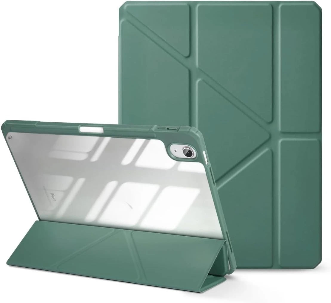 A green protective case for an iPad is shown next to the open tablet.