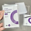 A pack of clear plastic card sleeves labeled for premium cards with purple accents and a hard plastic holder.